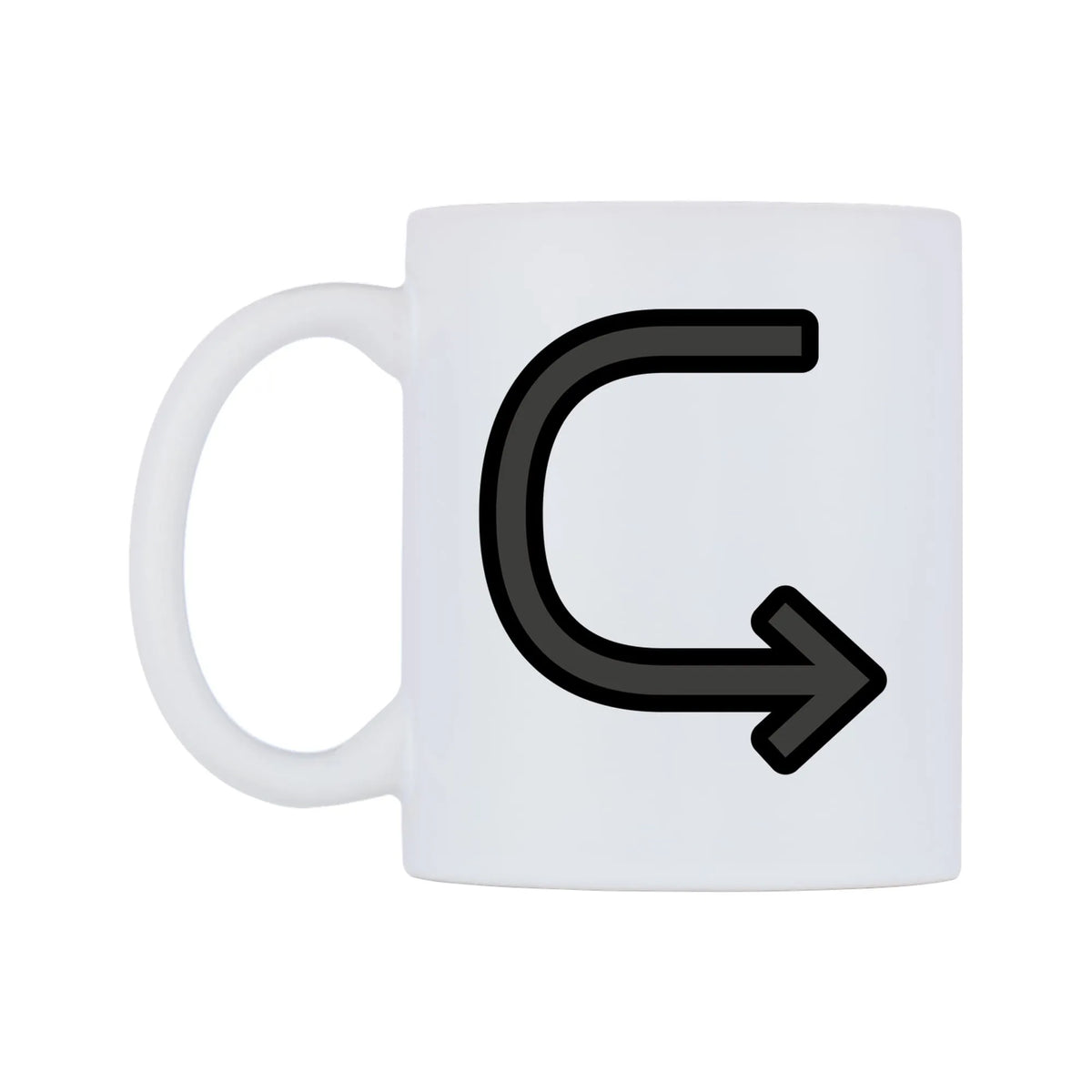 Left Arrow Curving Right Emoji Mug — mug, right side, on a white background