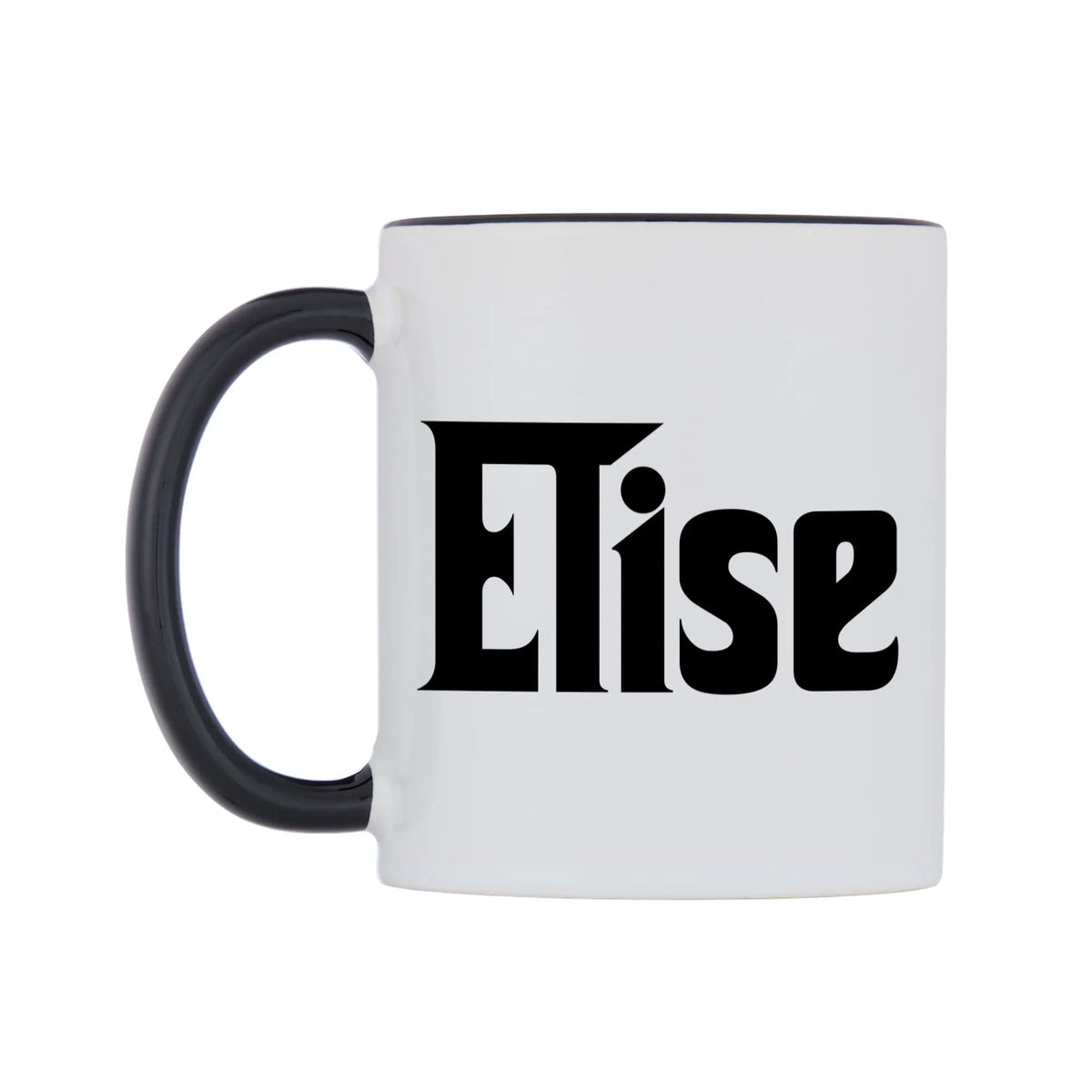 Elise - Godfather Themed Mug — white 11oz gloss mug with a black inside and handle, right side, on a white background