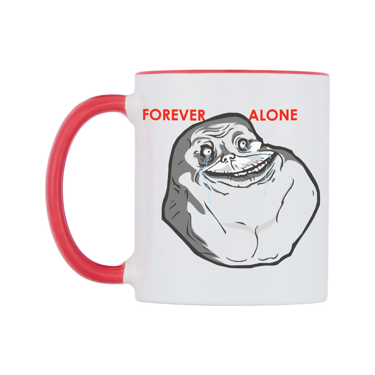 Forever Alone Mug — white 11oz gloss mug with a red inside and handle, right side, on a white background