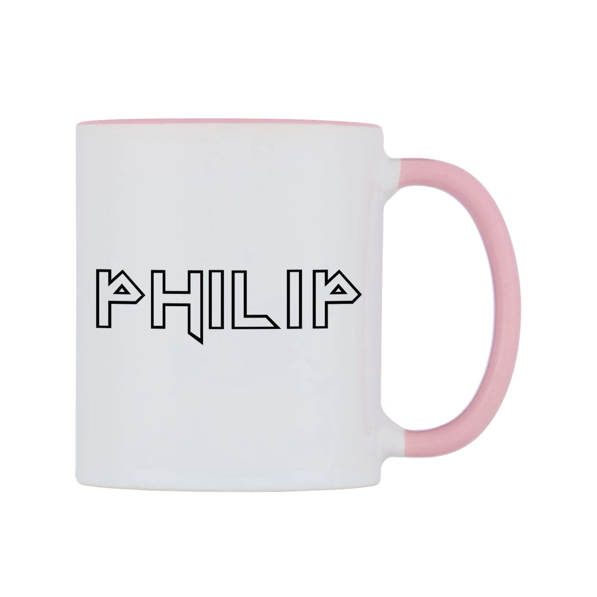 Philip - Iron Maiden Themed Mug — white 11oz gloss mug with a pink inside and handle, left side, on a white background