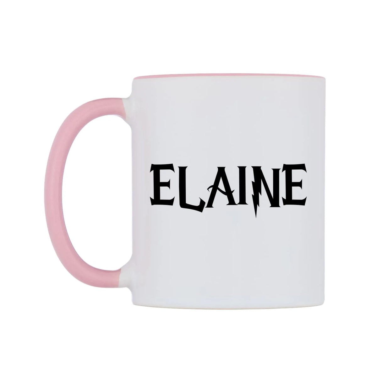 Elaine - Wizard Themed Mug — white 11oz gloss mug with a pink inside and handle, right side, on a white background