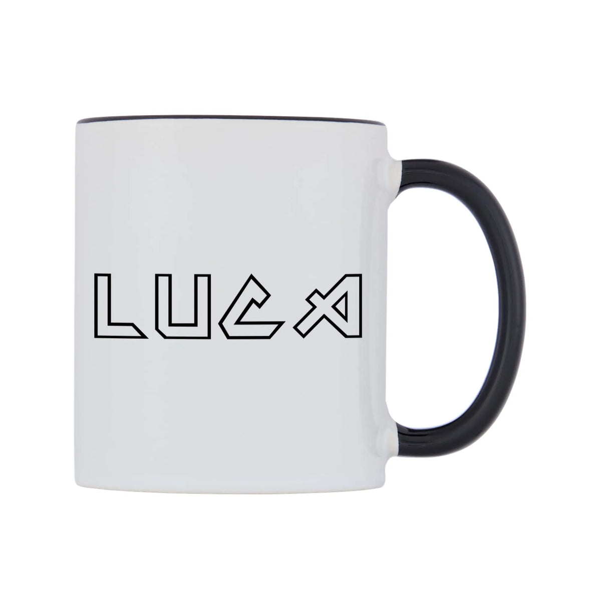 Luca - Iron Maiden Themed Mug — white 11oz gloss mug with a black inside and handle, left side, on a white background