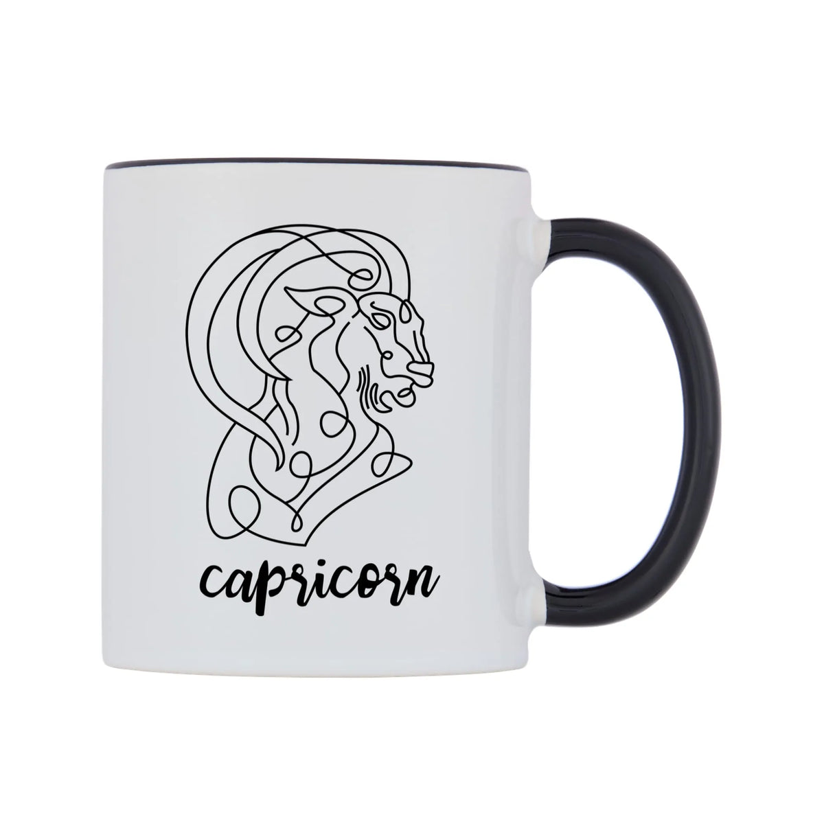Zodiac Sign Capricorn Mug — white 11oz gloss mug with a black inside and handle, left side, on a white background
