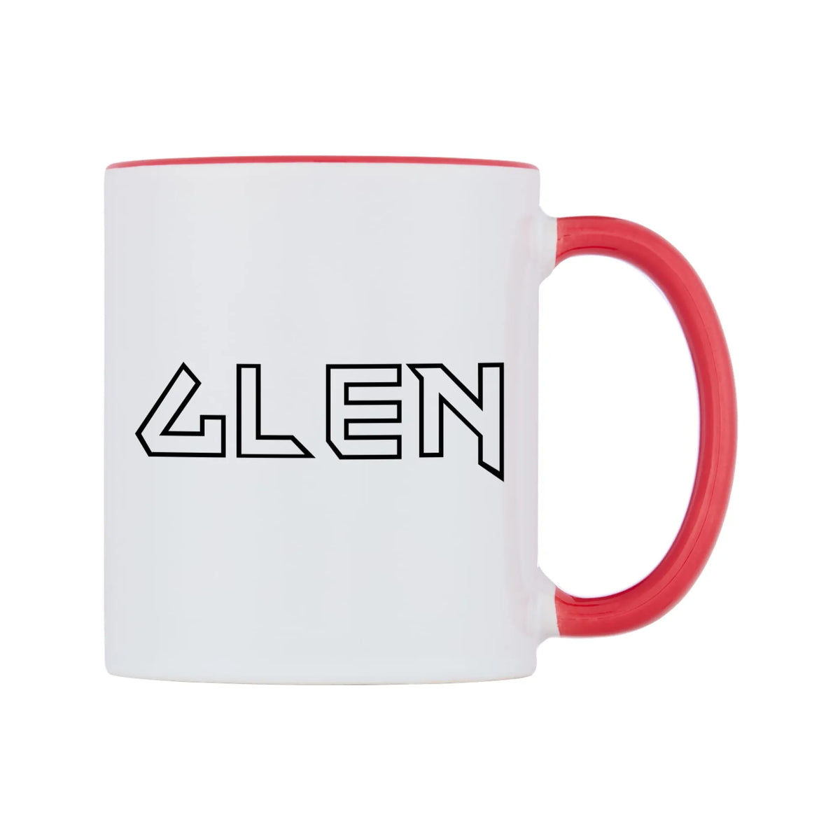 Glen - Iron Maiden Themed Mug — white 11oz gloss mug with a red inside and handle, left side, on a white background