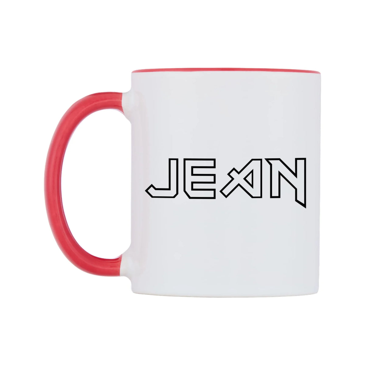 Jean - Iron Maiden Themed Mug — white 11oz gloss mug with a red inside and handle, right side, on a white background
