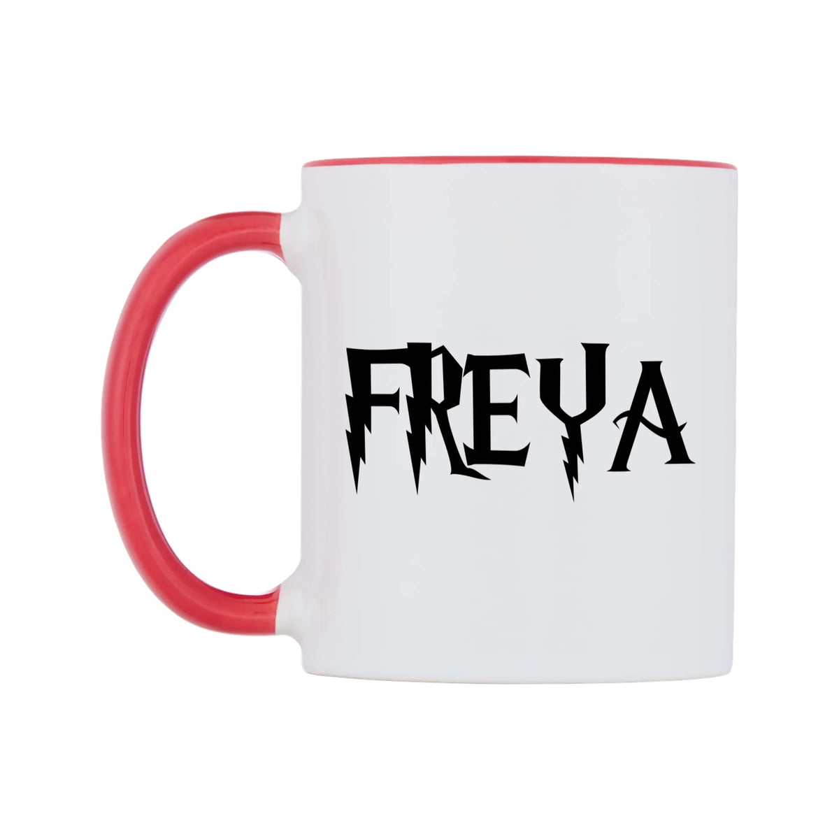 Freya - Wizard Themed Mug — white 11oz gloss mug with a red inside and handle, right side, on a white background