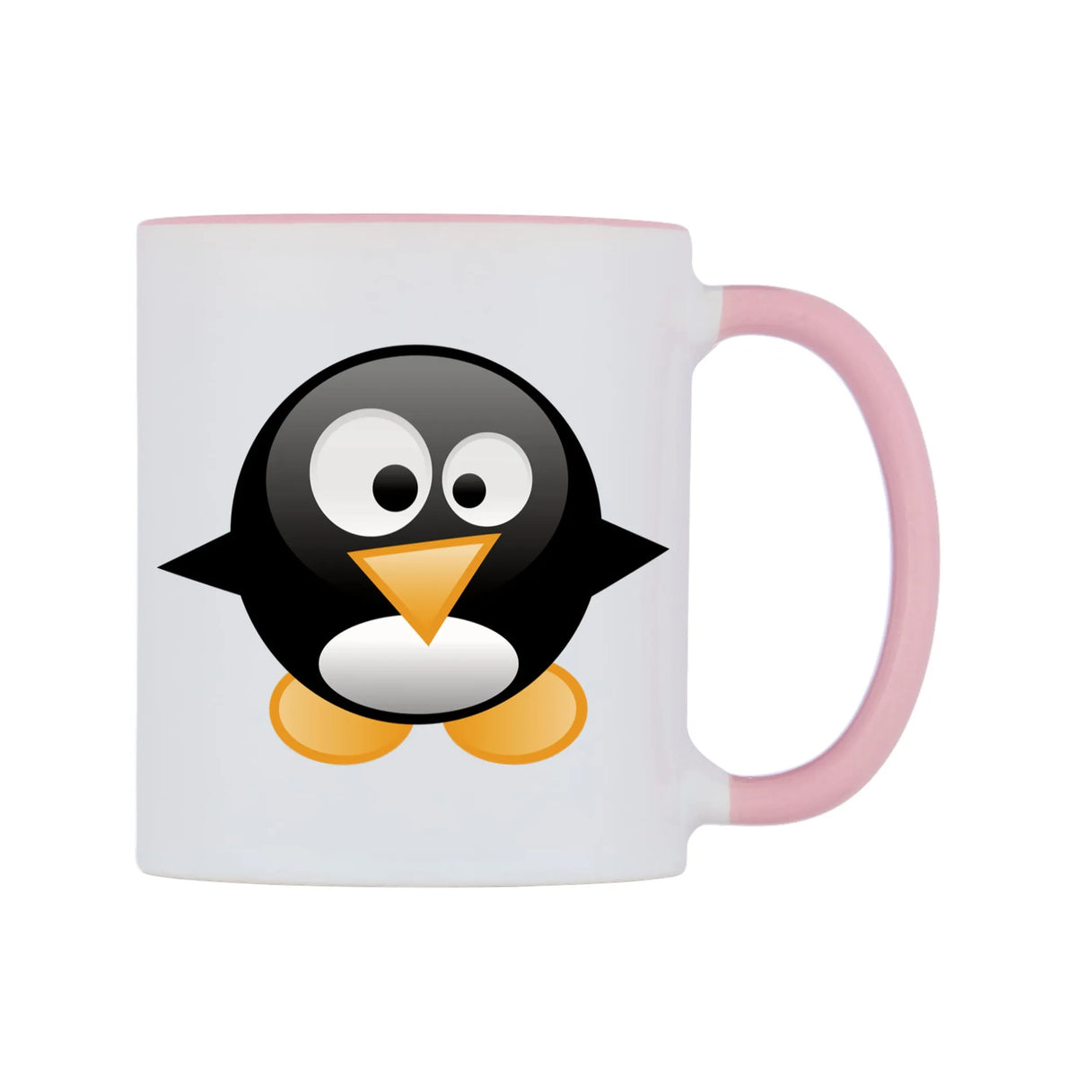 Cute Penguin Mug — white 11oz gloss mug with a pink inside and handle, left side, on a white background