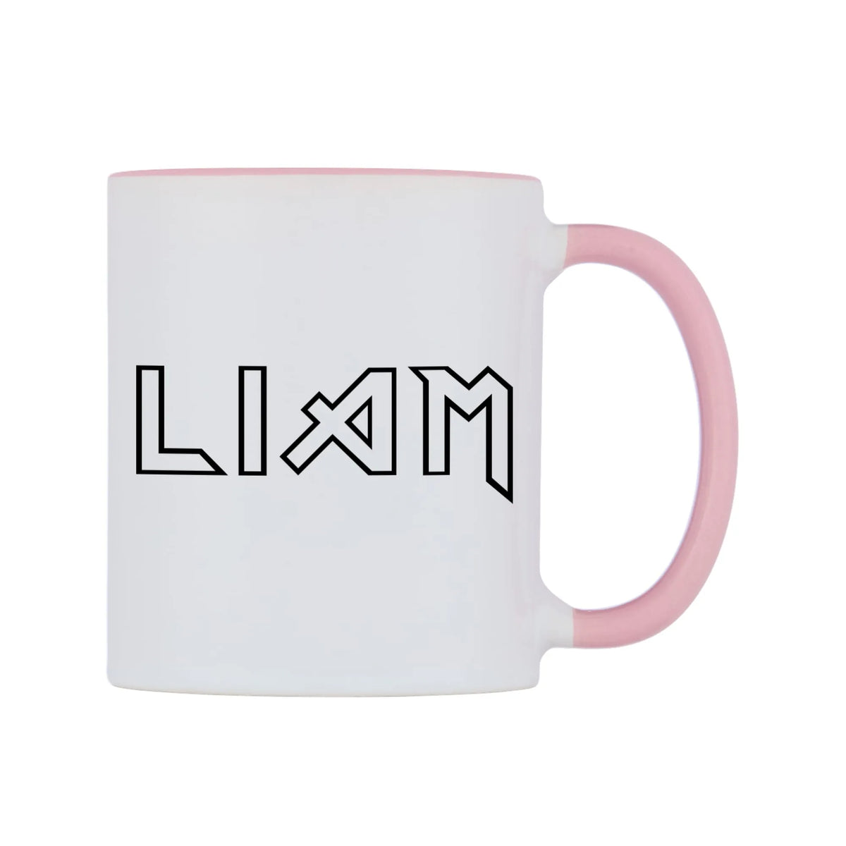 Liam - Iron Maiden Themed Mug — white 11oz gloss mug with a pink inside and handle, left side, on a white background