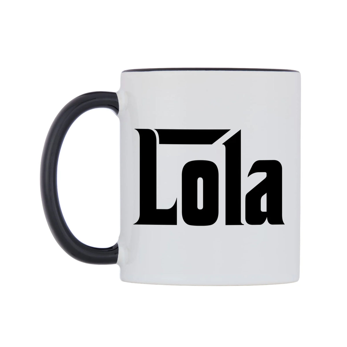 Lola - Godfather Themed Mug — white 11oz gloss mug with a black inside and handle, right side, on a white background