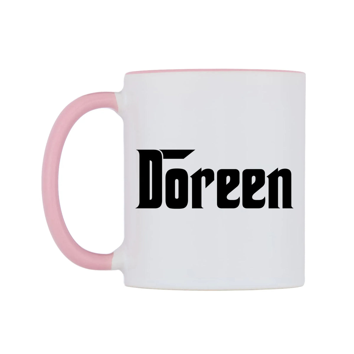 Doreen - Godfather Themed Mug — white 11oz gloss mug with a pink inside and handle, right side, on a white background