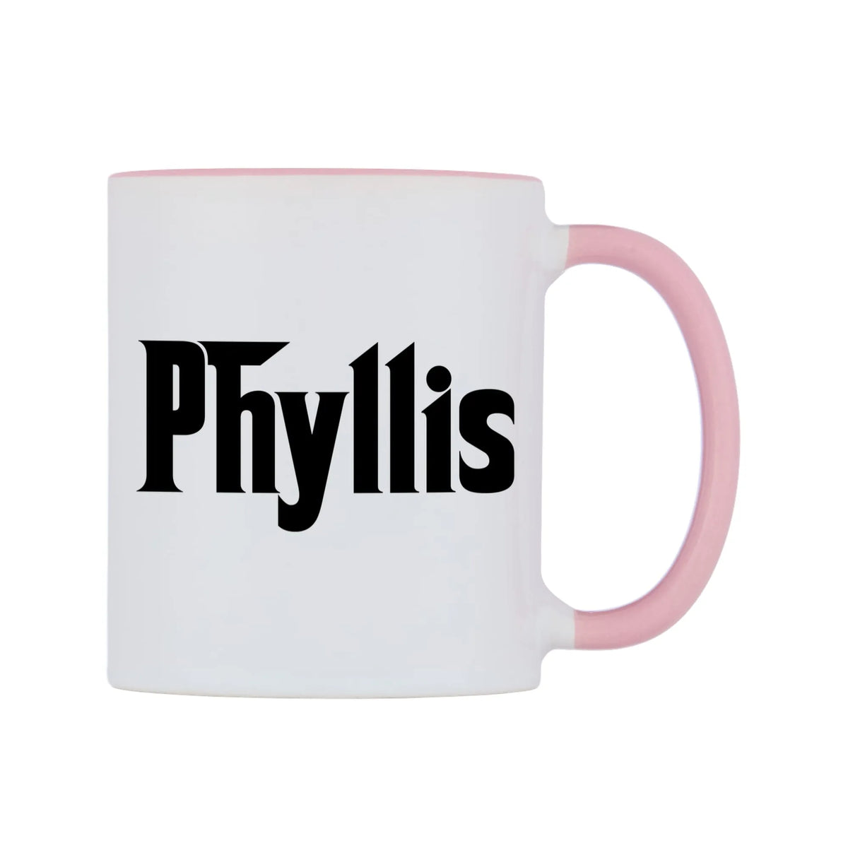 Phyllis - Godfather Themed Mug — white 11oz gloss mug with a pink inside and handle, left side, on a white background