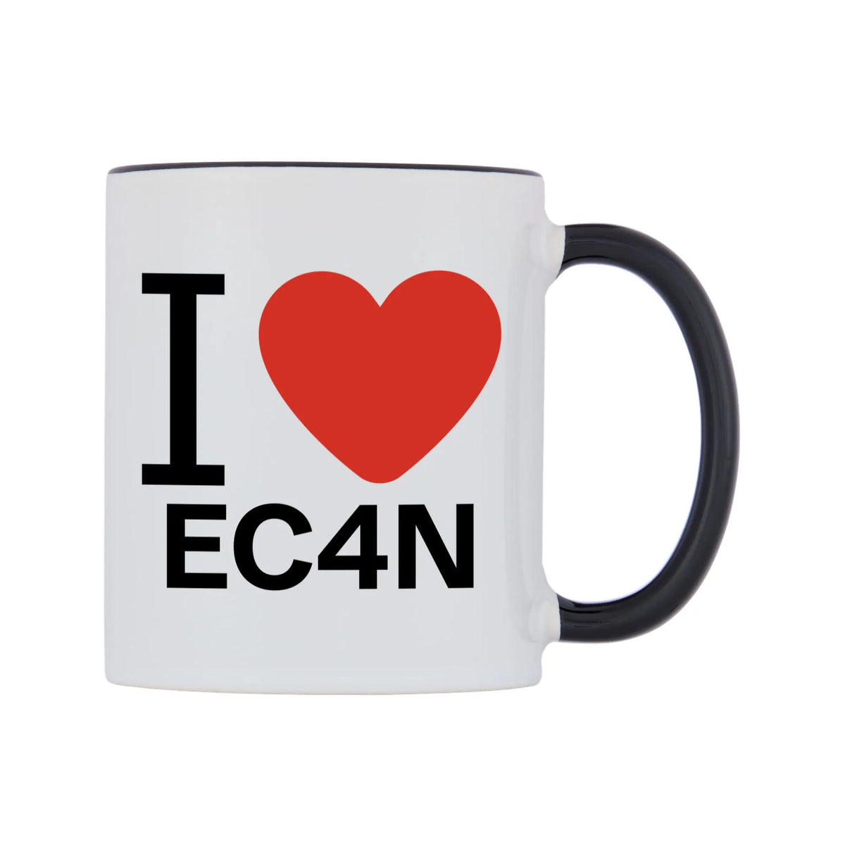 I Love EC4N Mug — white 11oz gloss mug with a black inside and handle, left side, on a white background