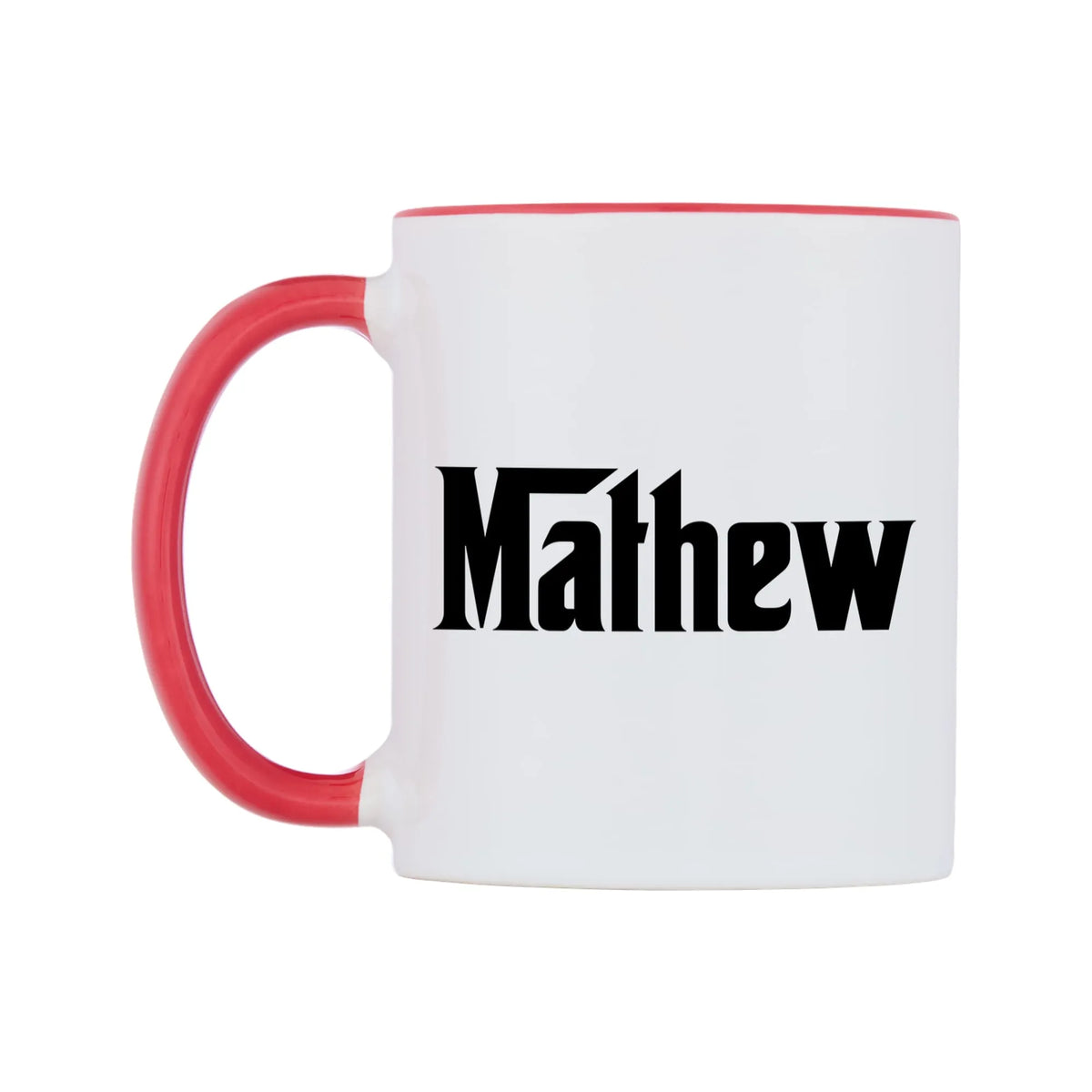 Mathew - Godfather Themed Mug — white 11oz gloss mug with a red inside and handle, right side, on a white background