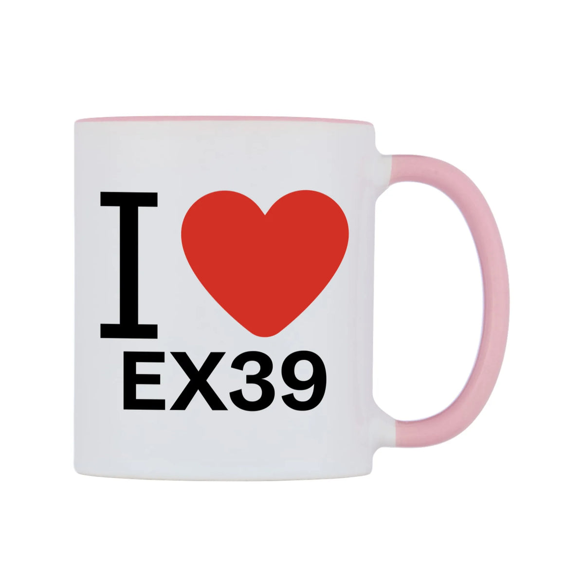 I Love EX39 Mug — white 11oz gloss mug with a pink inside and handle, left side, on a white background