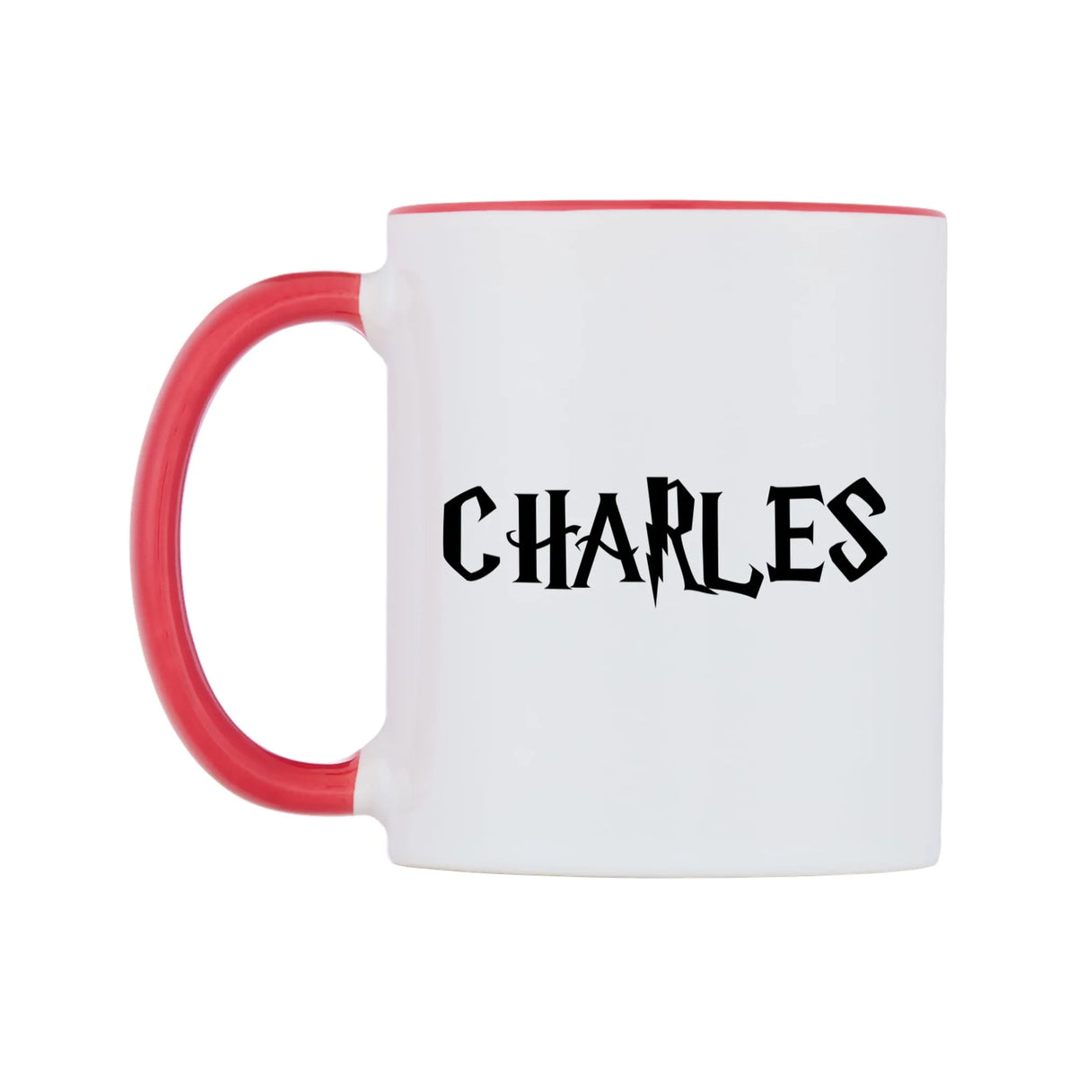 Charles - Wizard Themed Mug — white 11oz gloss mug with a red inside and handle, right side, on a white background