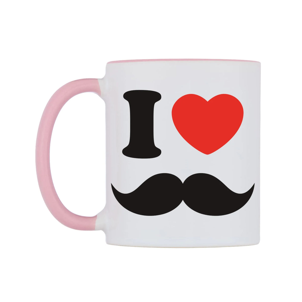 I Love Moustaches Mug — white 11oz gloss mug with a pink inside and handle, right side, on a white background