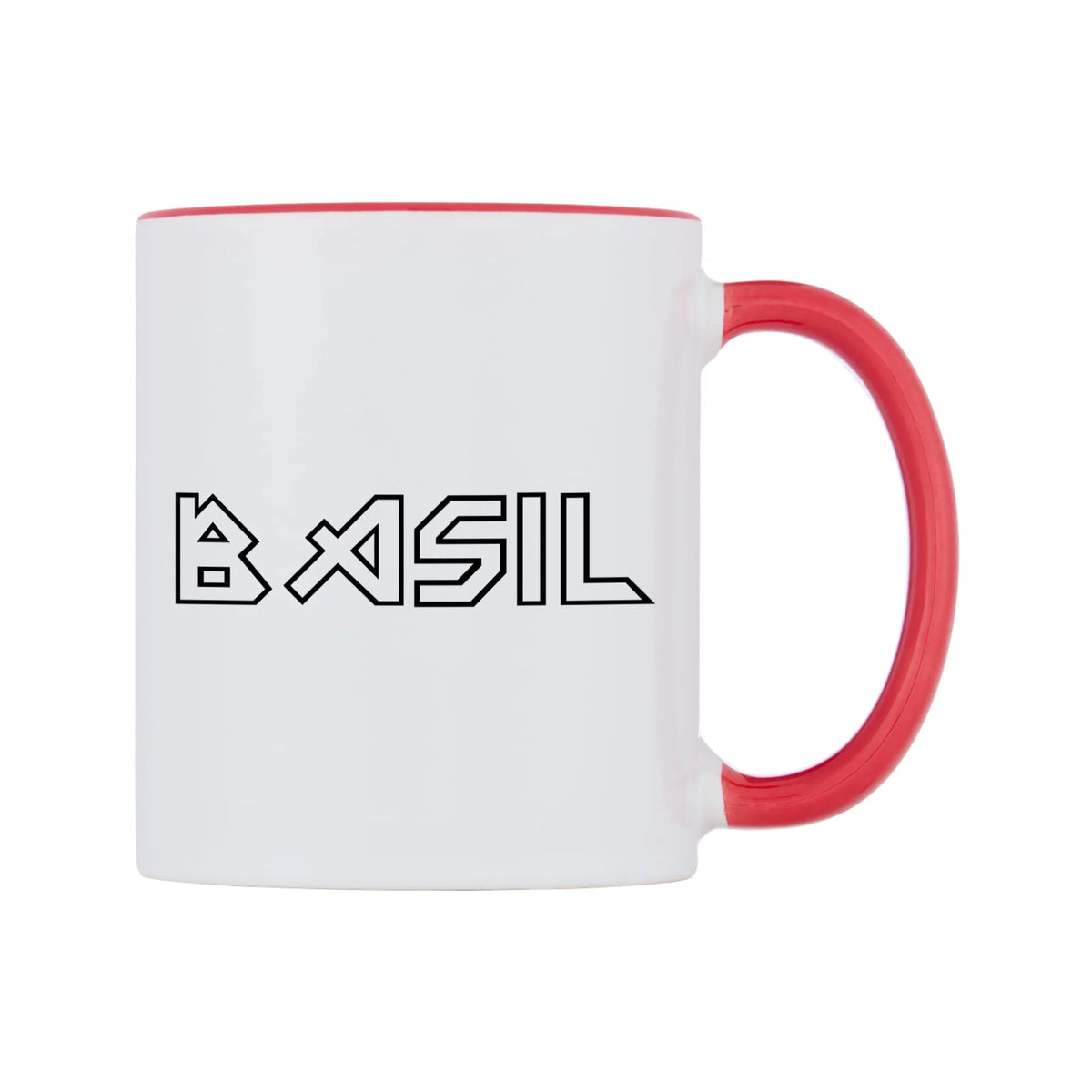 Basil - Iron Maiden Themed Mug — white 11oz gloss mug with a red inside and handle, left side, on a white background