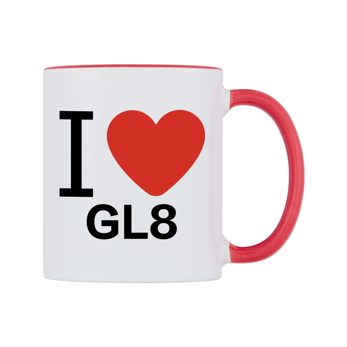 I Love GL8 Mug — white 11oz gloss mug with a red inside and handle, left side, on a white background