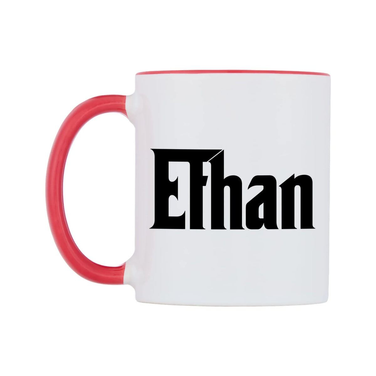 Ethan - Godfather Themed Mug — white 11oz gloss mug with a red inside and handle, right side, on a white background