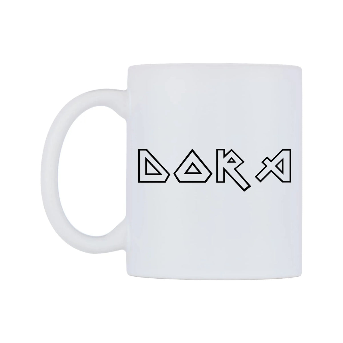 Dora - Iron Maiden Themed Mug — white 11oz gloss mug, right side, on a white background