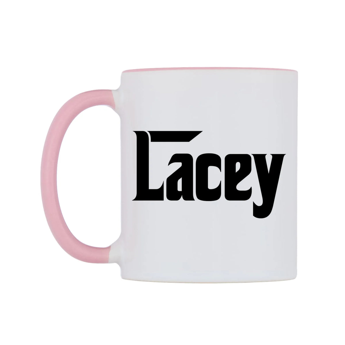 Lacey - Godfather Themed Mug — white 11oz gloss mug with a pink inside and handle, right side, on a white background