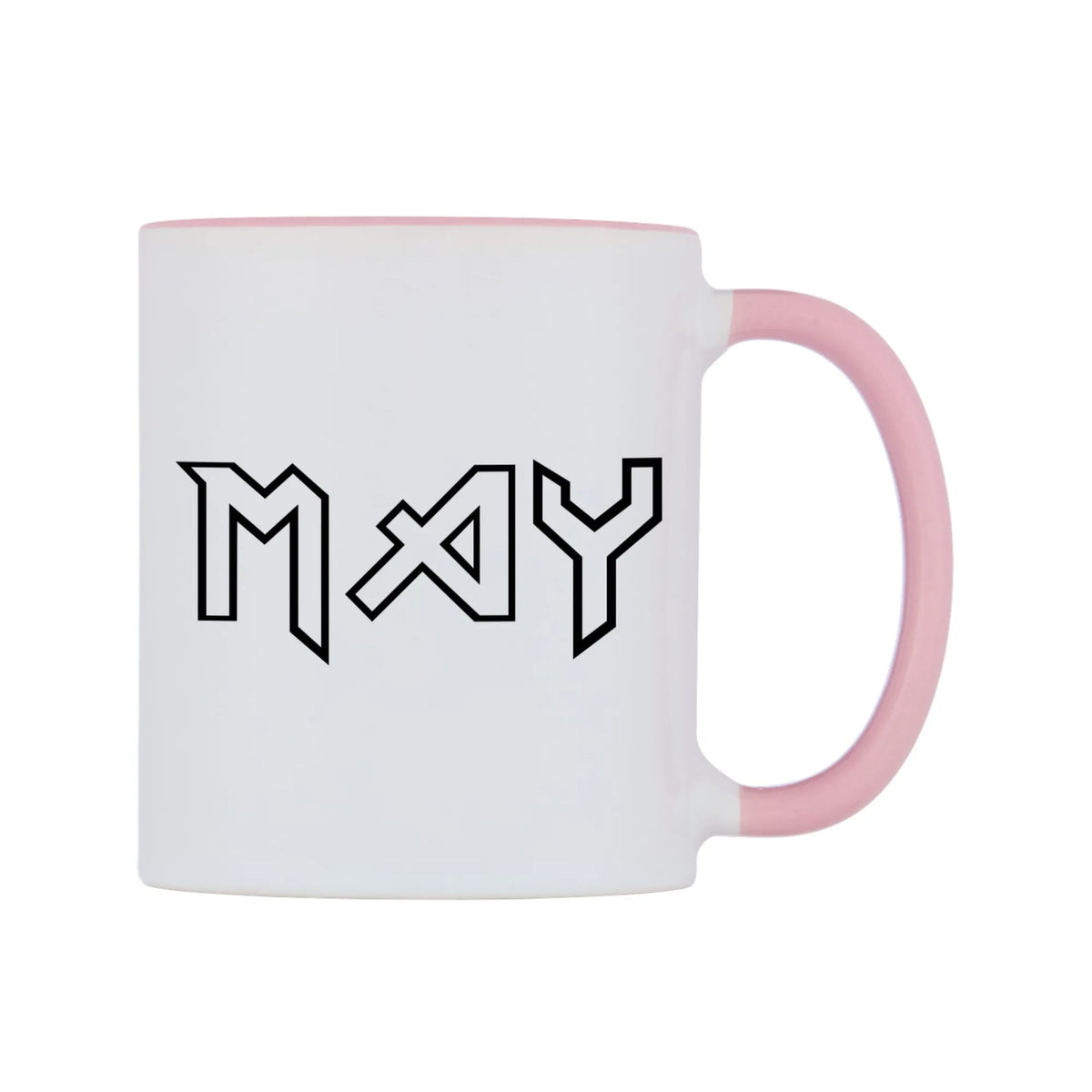 May - Iron Maiden Themed Mug — white 11oz gloss mug with a pink inside and handle, left side, on a white background