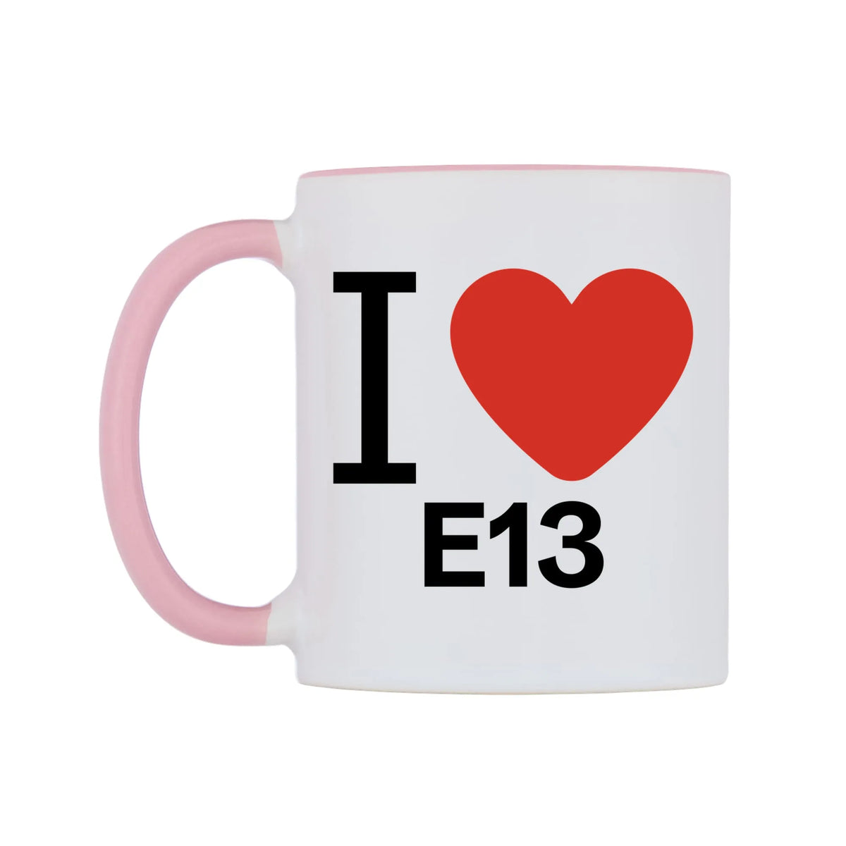 I Love E13 Mug — white 11oz gloss mug with a pink inside and handle, right side, on a white background