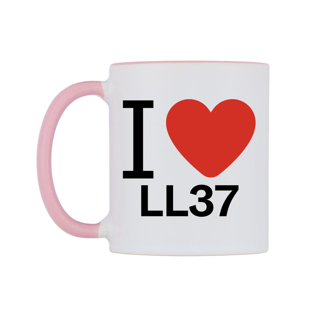 I Love LL37 Mug — white 11oz gloss mug with a pink inside and handle, right side, on a white background