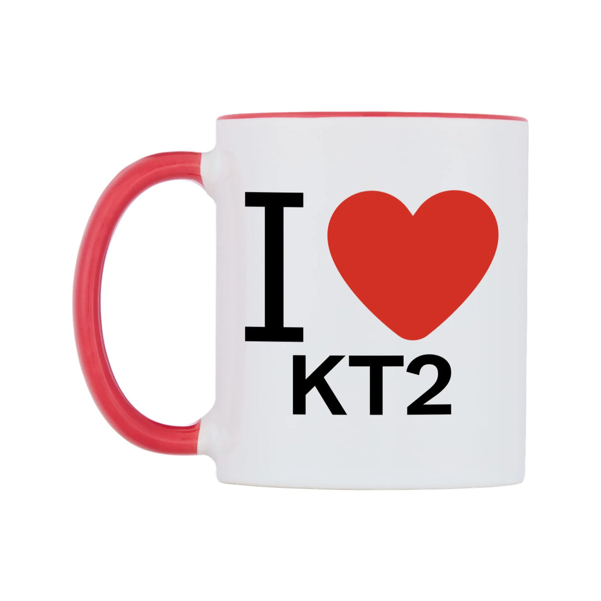I Love KT2 Mug — white 11oz gloss mug with a red inside and handle, right side, on a white background