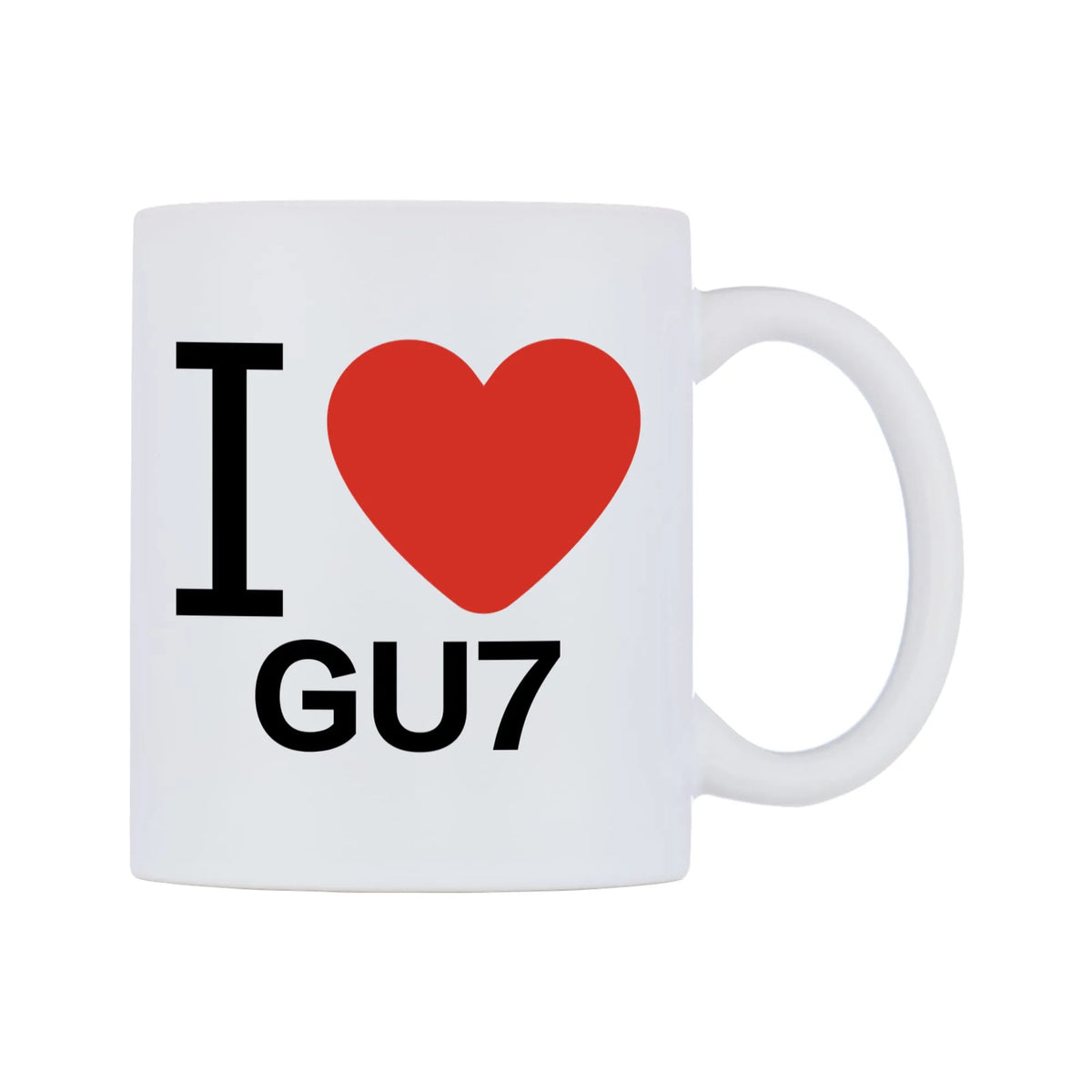 I Love GU7 Mug — white 11oz gloss mug, left side, on a white background