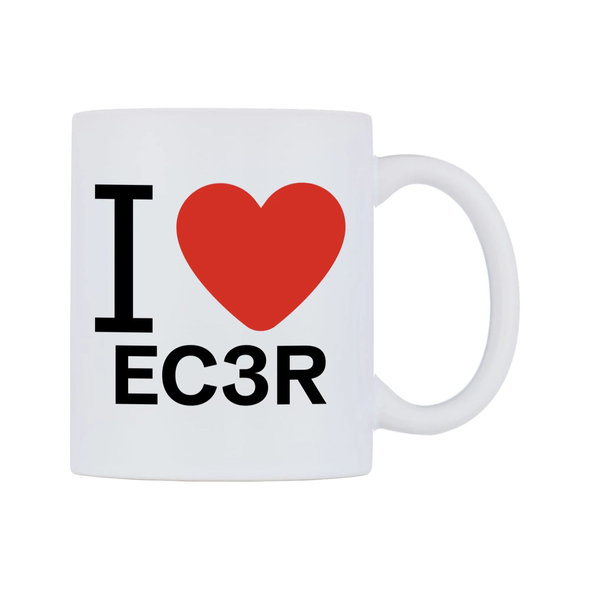 I Love EC3R Mug — white 11oz gloss mug, left side, on a white background