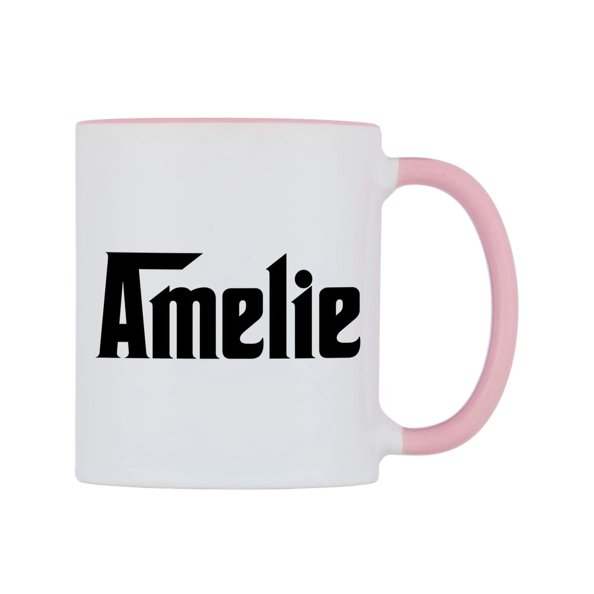 Amelie - Godfather Themed Mug — white 11oz gloss mug with a pink inside and handle, left side, on a white background