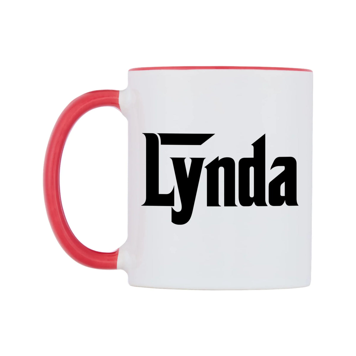 Lynda - Godfather Themed Mug — white 11oz gloss mug with a red inside and handle, right side, on a white background