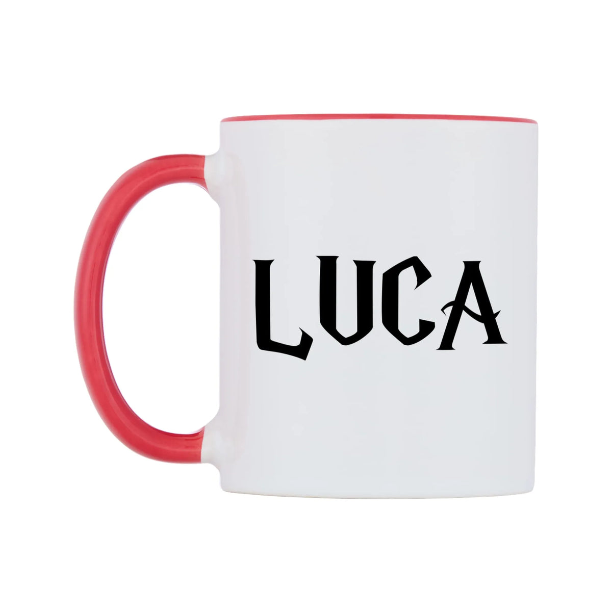 Luca - Wizard Themed Mug — white 11oz gloss mug with a red inside and handle, right side, on a white background