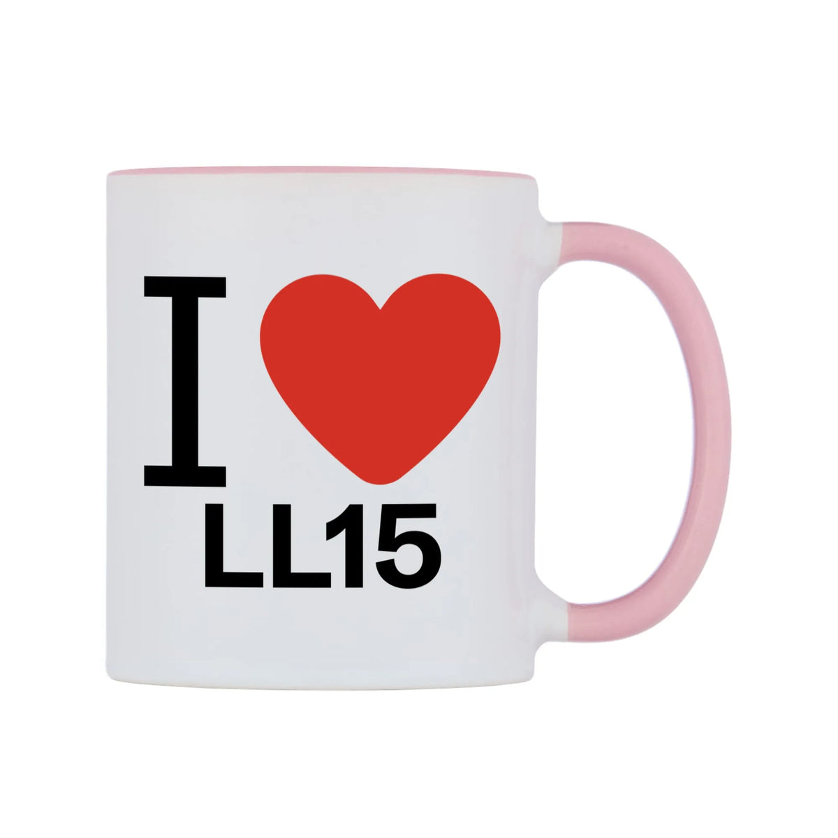 I Love LL15 Mug — white 11oz gloss mug with a pink inside and handle, left side, on a white background