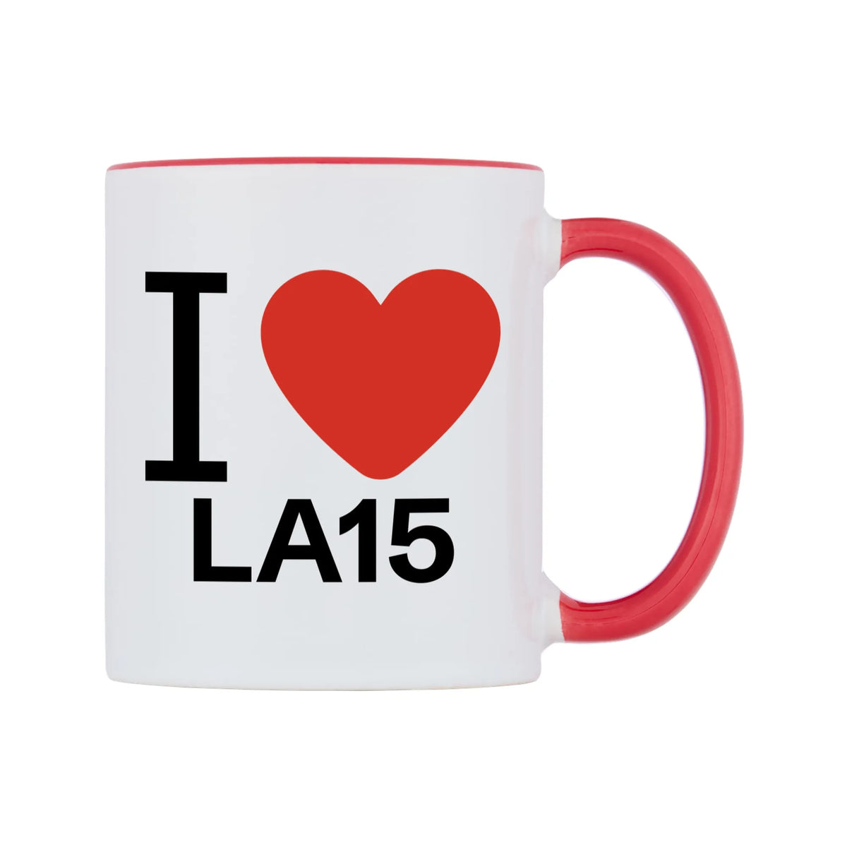 I Love LA15 Mug — white 11oz gloss mug with a red inside and handle, left side, on a white background