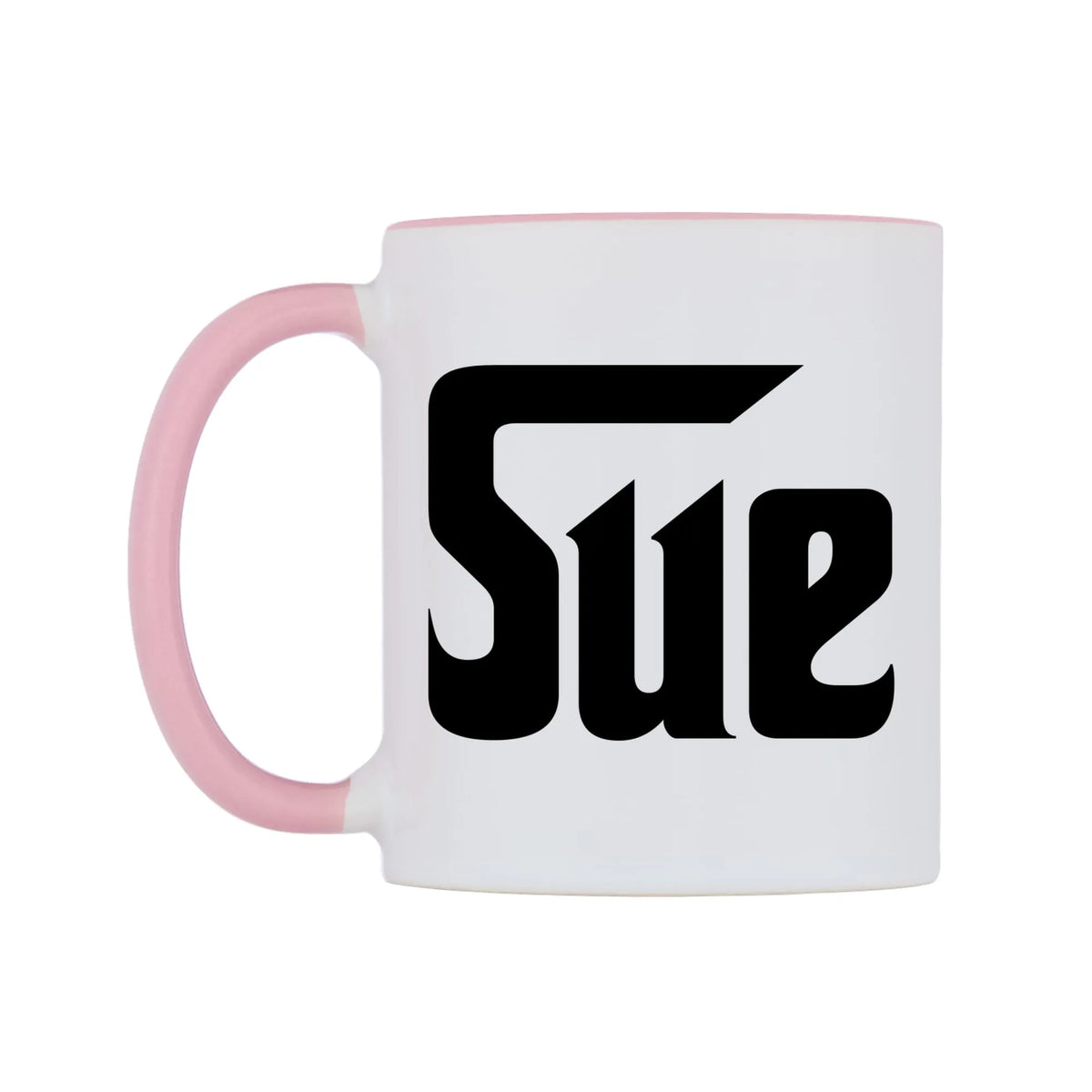 Sue - Godfather Themed Mug — white 11oz gloss mug with a pink inside and handle, right side, on a white background