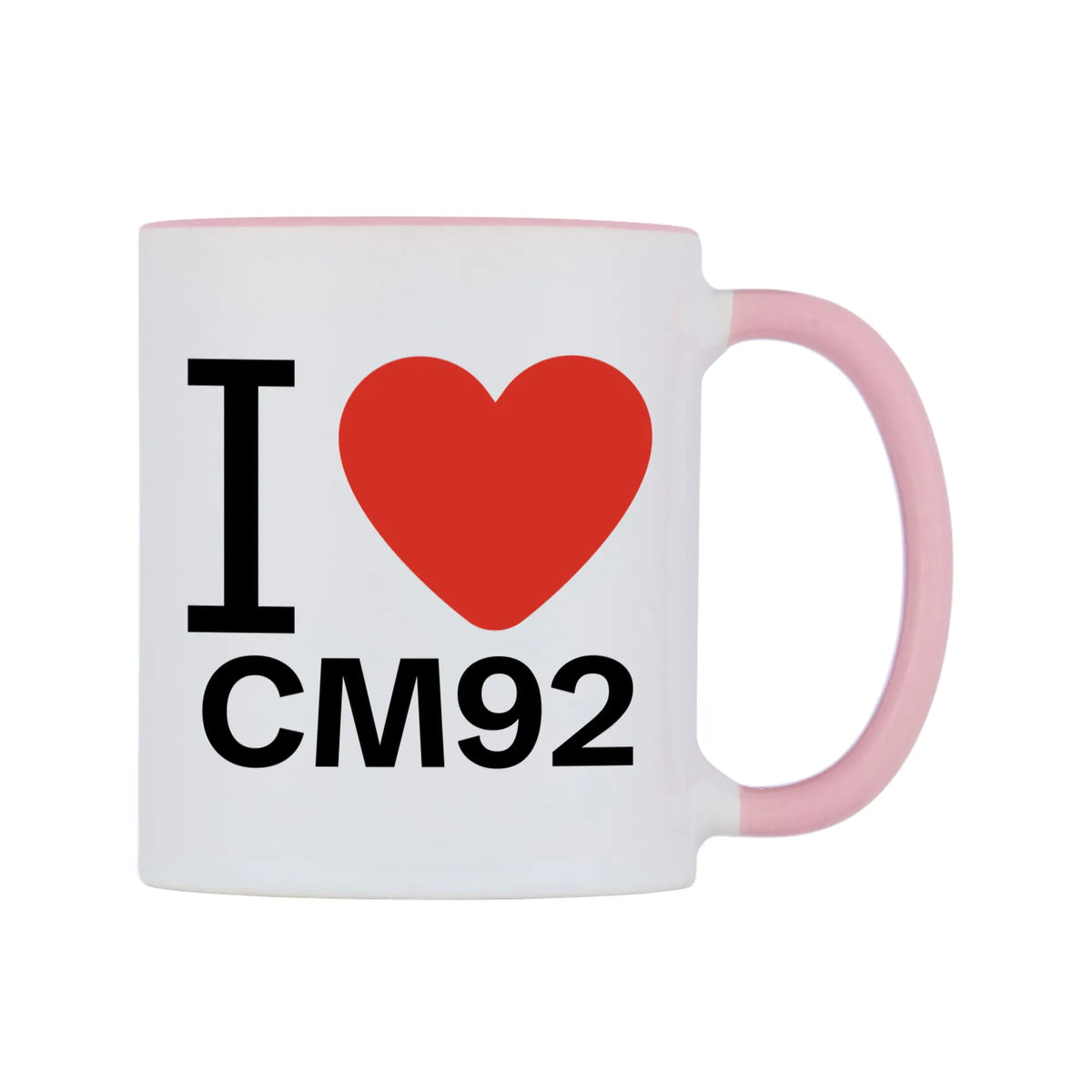 I Love CM92 Mug — white 11oz gloss mug with a pink inside and handle, left side, on a white background