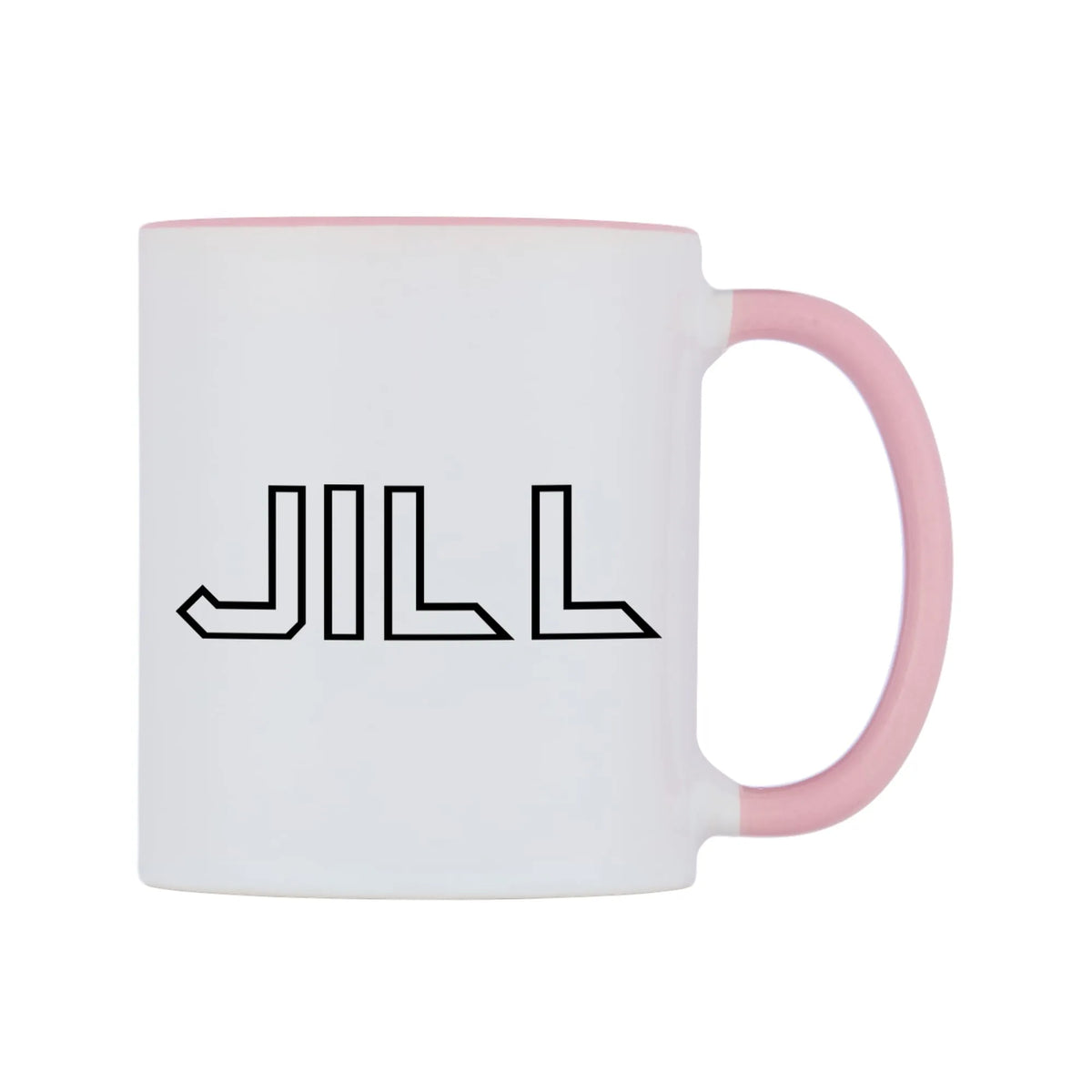 Jill - Iron Maiden Themed Mug — white 11oz gloss mug with a pink inside and handle, left side, on a white background
