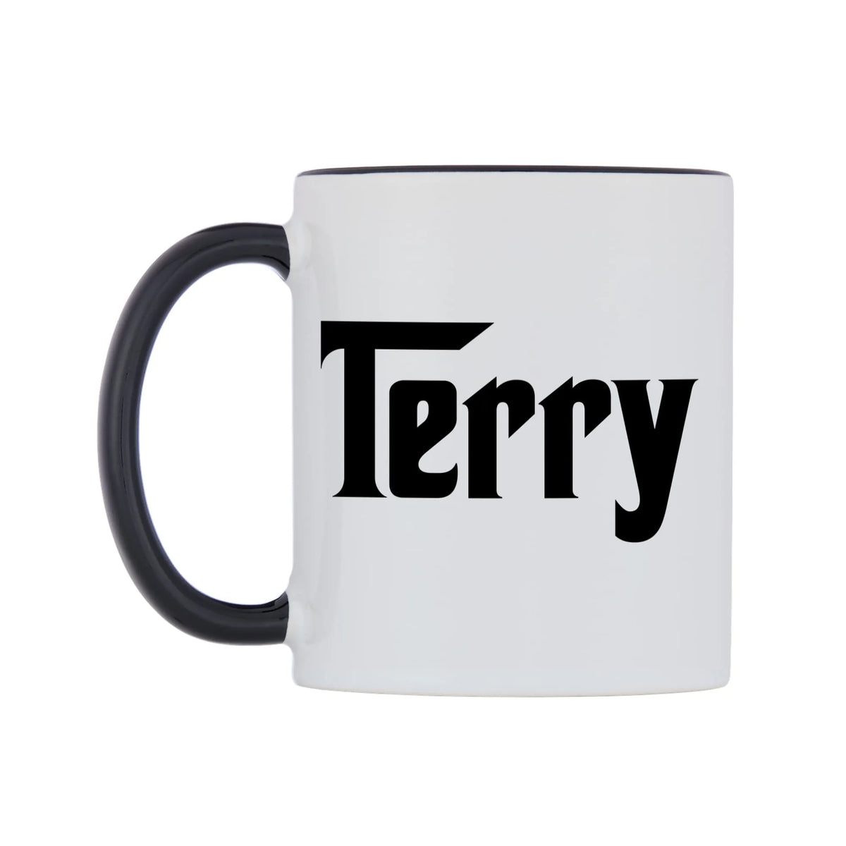 Terry - Godfather Themed Mug — white 11oz gloss mug with a black inside and handle, right side, on a white background