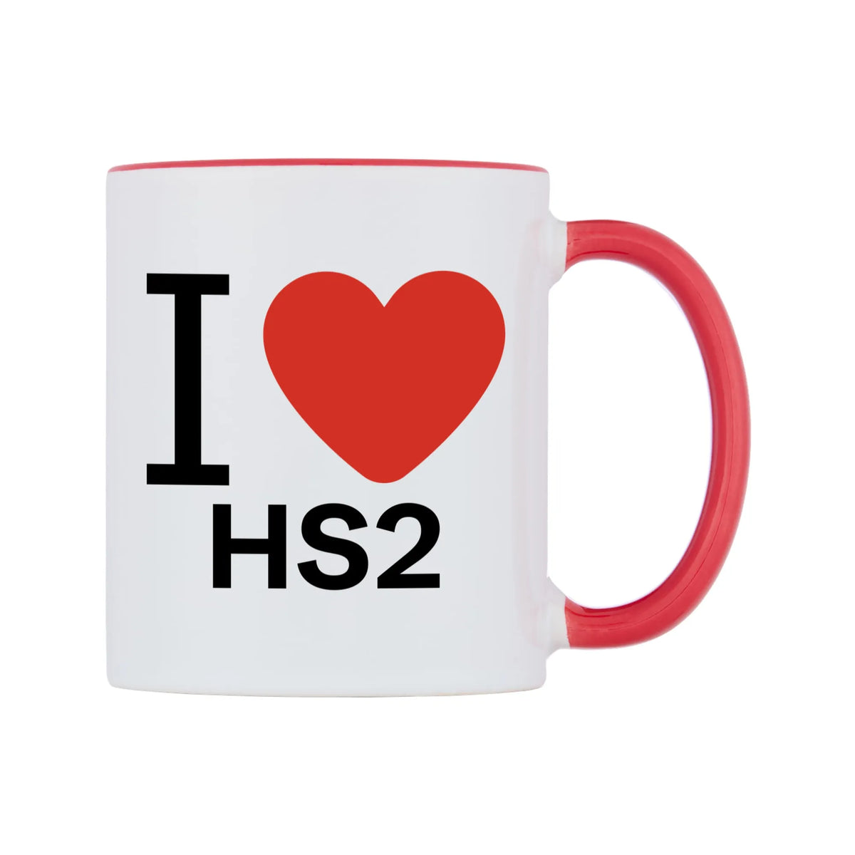 I Love HS2 Mug — white 11oz gloss mug with a red inside and handle, left side, on a white background