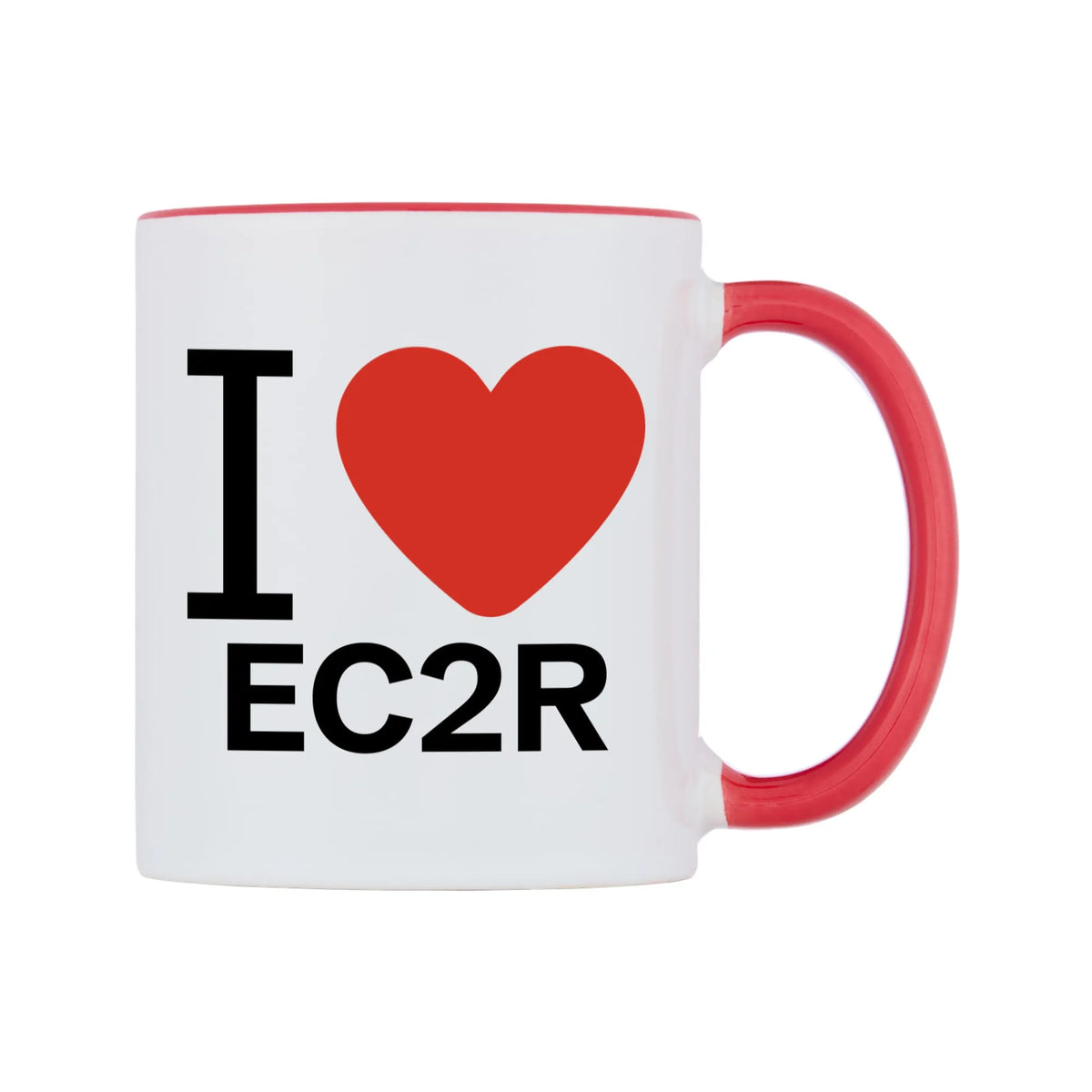 I Love EC2R Mug — white 11oz gloss mug with a red inside and handle, left side, on a white background