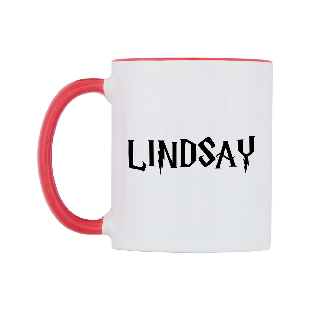 Lindsay - Wizard Themed Mug — white 11oz gloss mug with a red inside and handle, right side, on a white background
