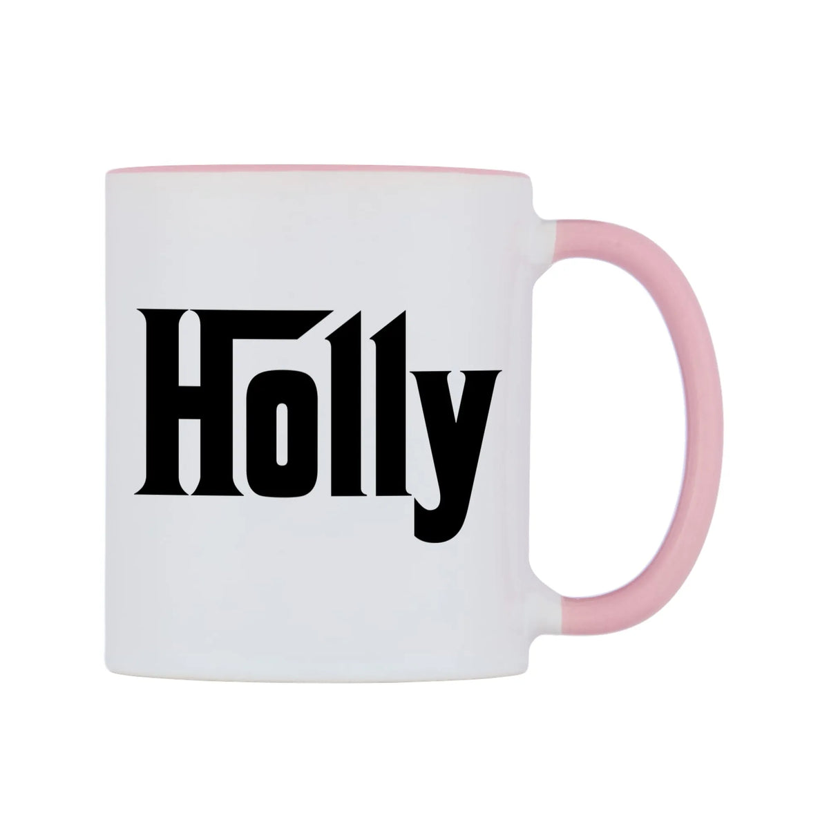 Holly - Godfather Themed Mug — white 11oz gloss mug with a pink inside and handle, left side, on a white background