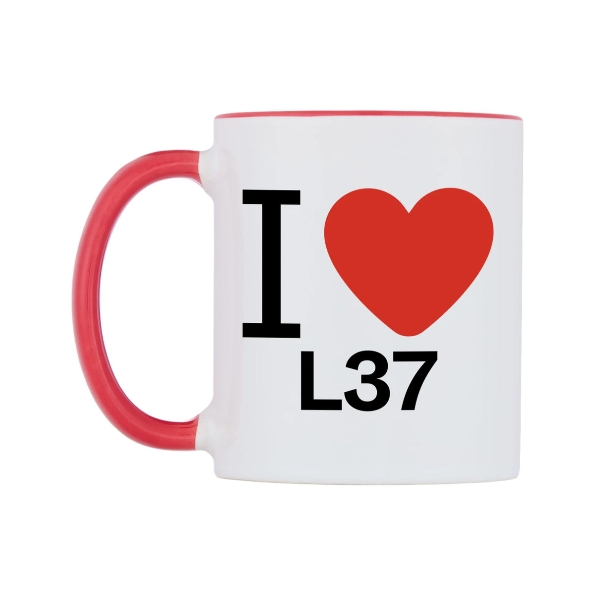 I Love L37 Mug — white 11oz gloss mug with a red inside and handle, right side, on a white background