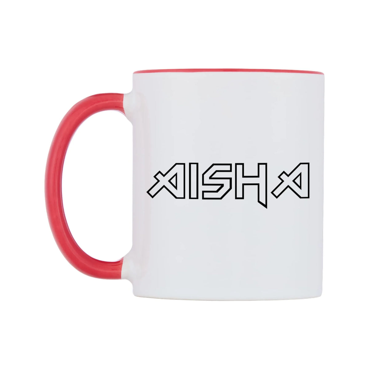 Aisha - Iron Maiden Themed Mug — white 11oz gloss mug with a red inside and handle, right side, on a white background