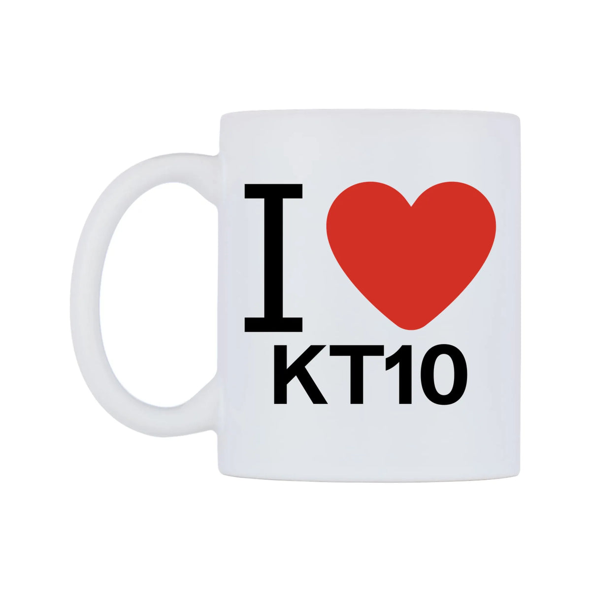 I Love KT10 Mug — white 11oz gloss mug, right side, on a white background