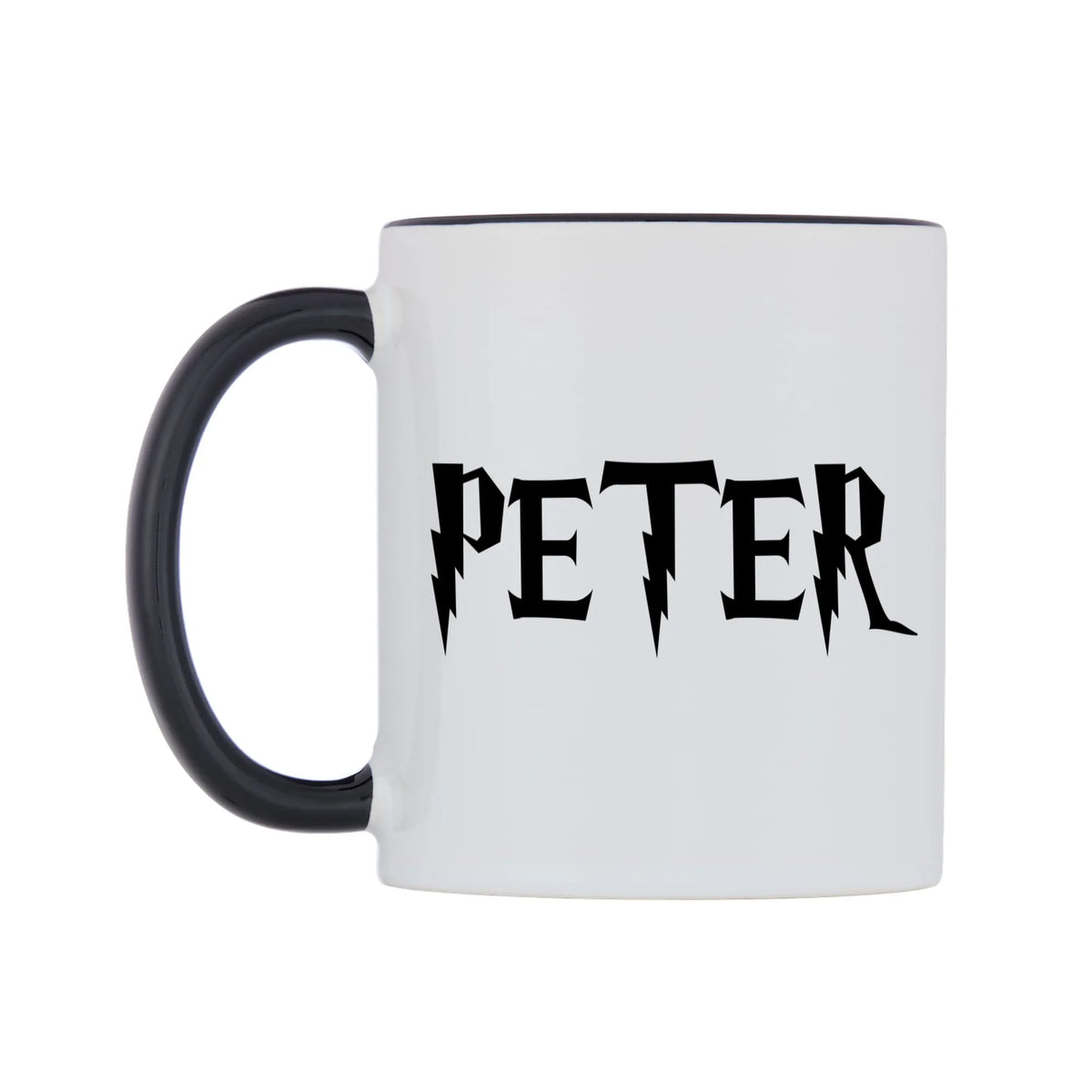 Peter - Wizard Themed Mug — white 11oz gloss mug with a black inside and handle, right side, on a white background