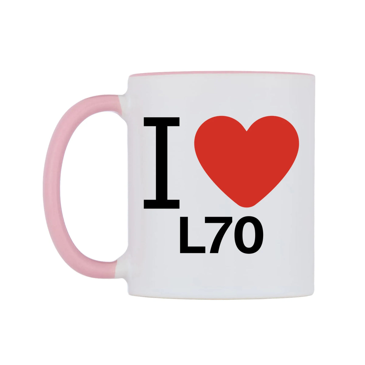 I Love L70 Mug — white 11oz gloss mug with a pink inside and handle, right side, on a white background