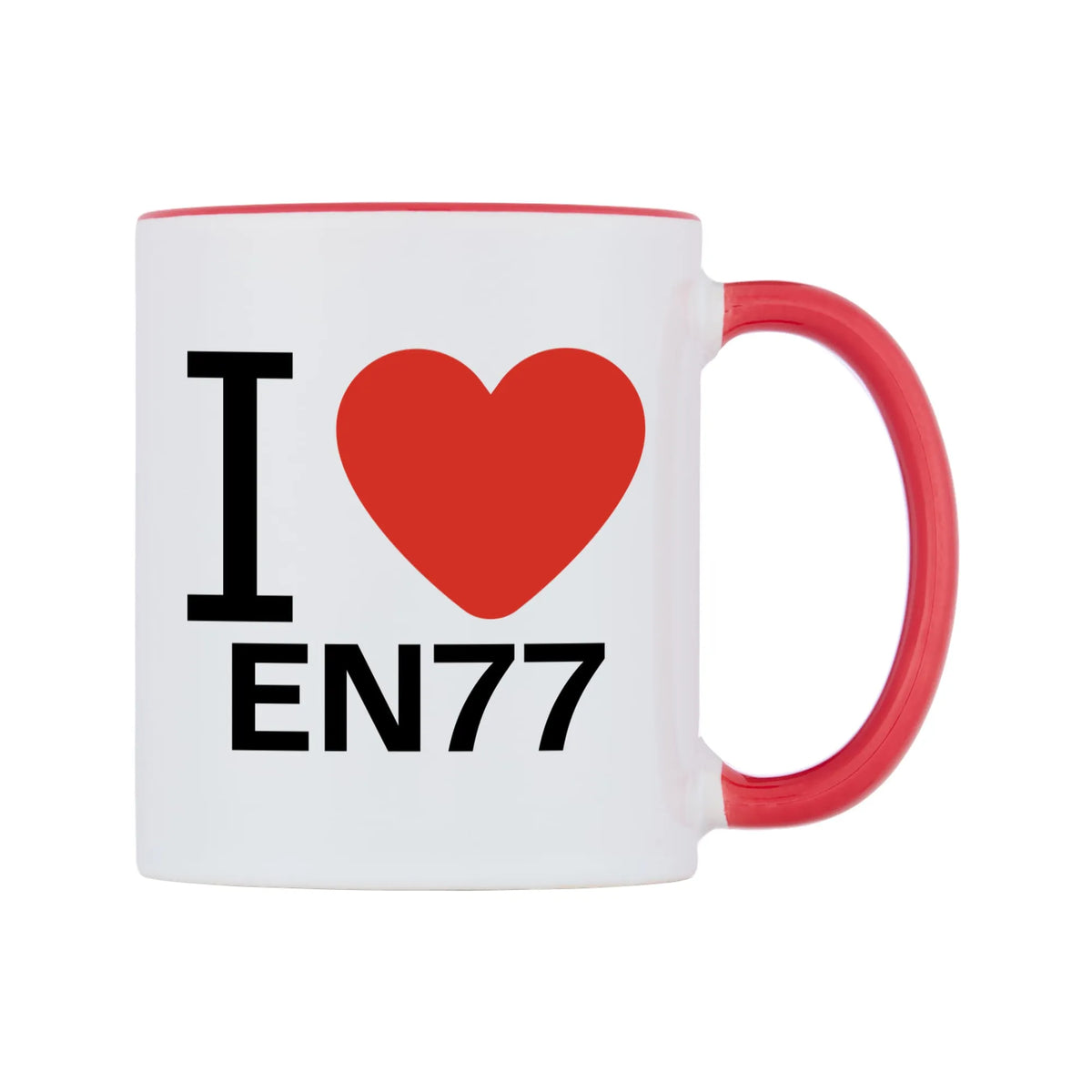 I Love EN77 Mug — white 11oz gloss mug with a red inside and handle, left side, on a white background